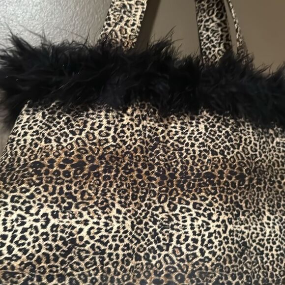 Leopard Print Tote Bag Purse Small Faix Fur Shoulder Bag Feather Fringe - Picture 2 of 8